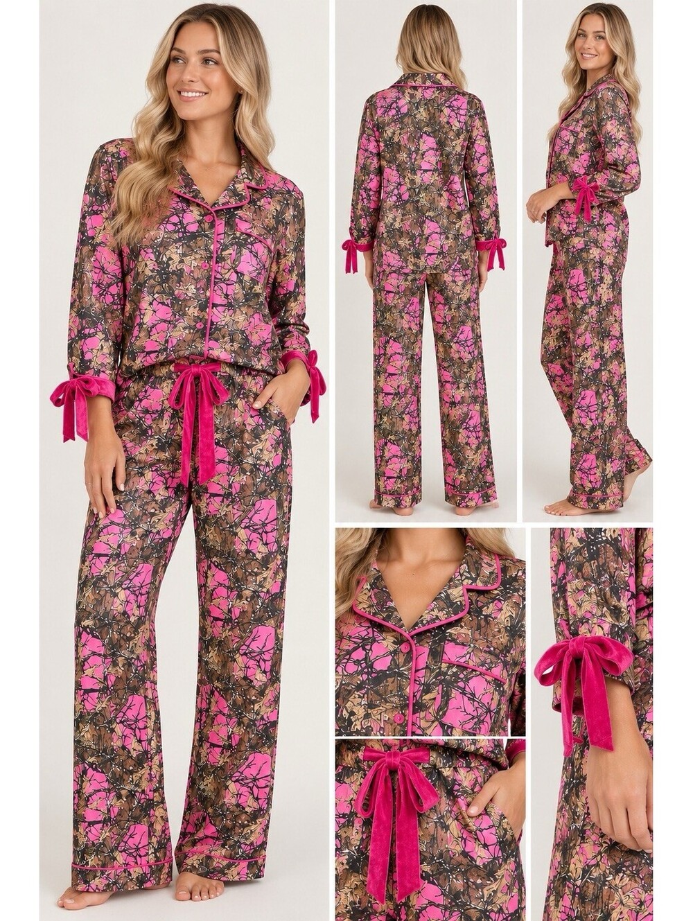 Simply Southern Pink Camo Pajama Set Women’s Medium Velvet Bows NWT